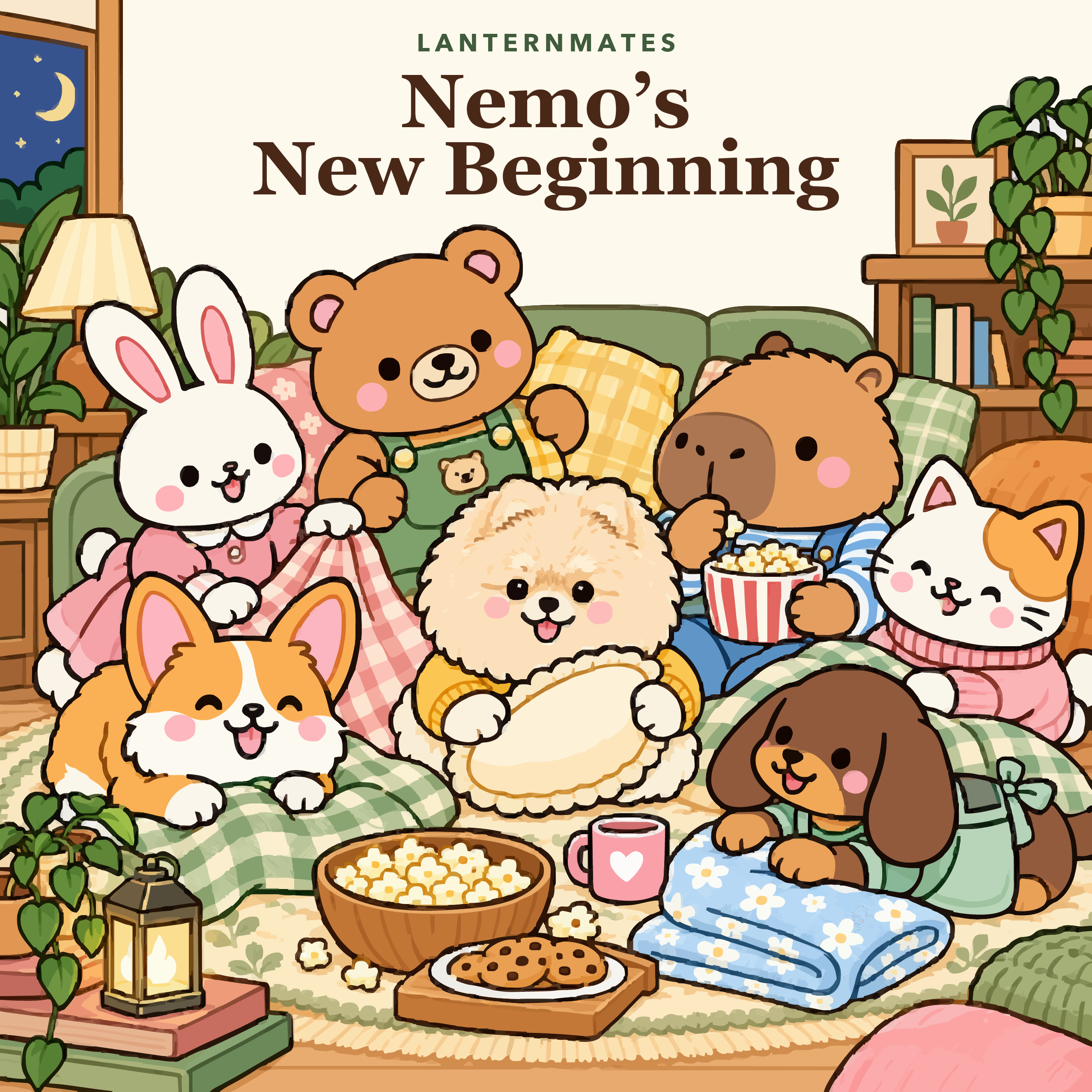 Lanternmates: Nemo’s New Beginning book cover, with seven animal friends sharing a cozy movie night